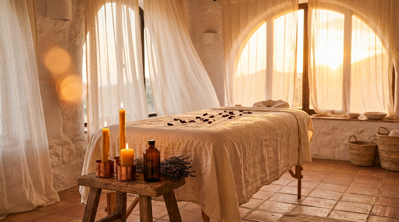 Sala preparada para un masaje tantrico en Ibiza al atardecer