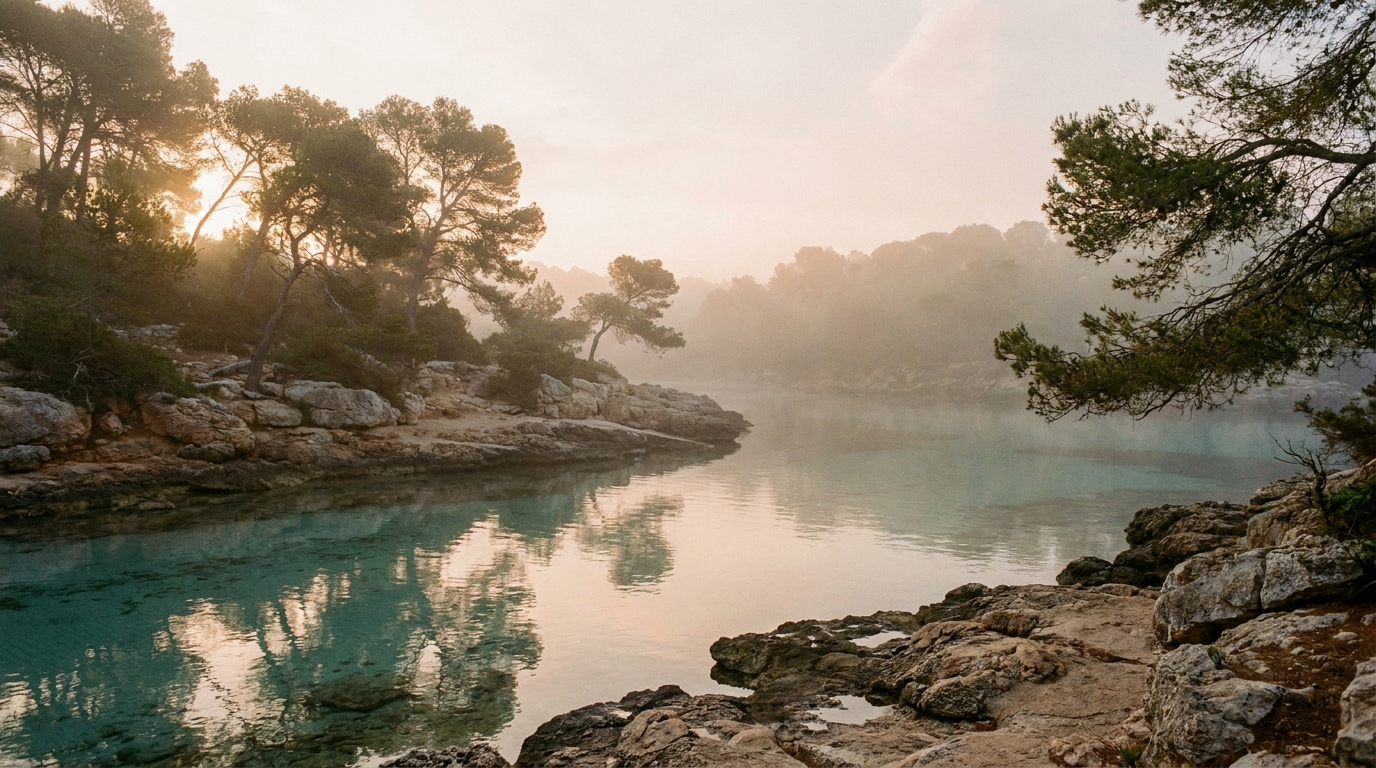 Cala secreta de Ibiza al amanecer, agua en calma - Trés Jolie
