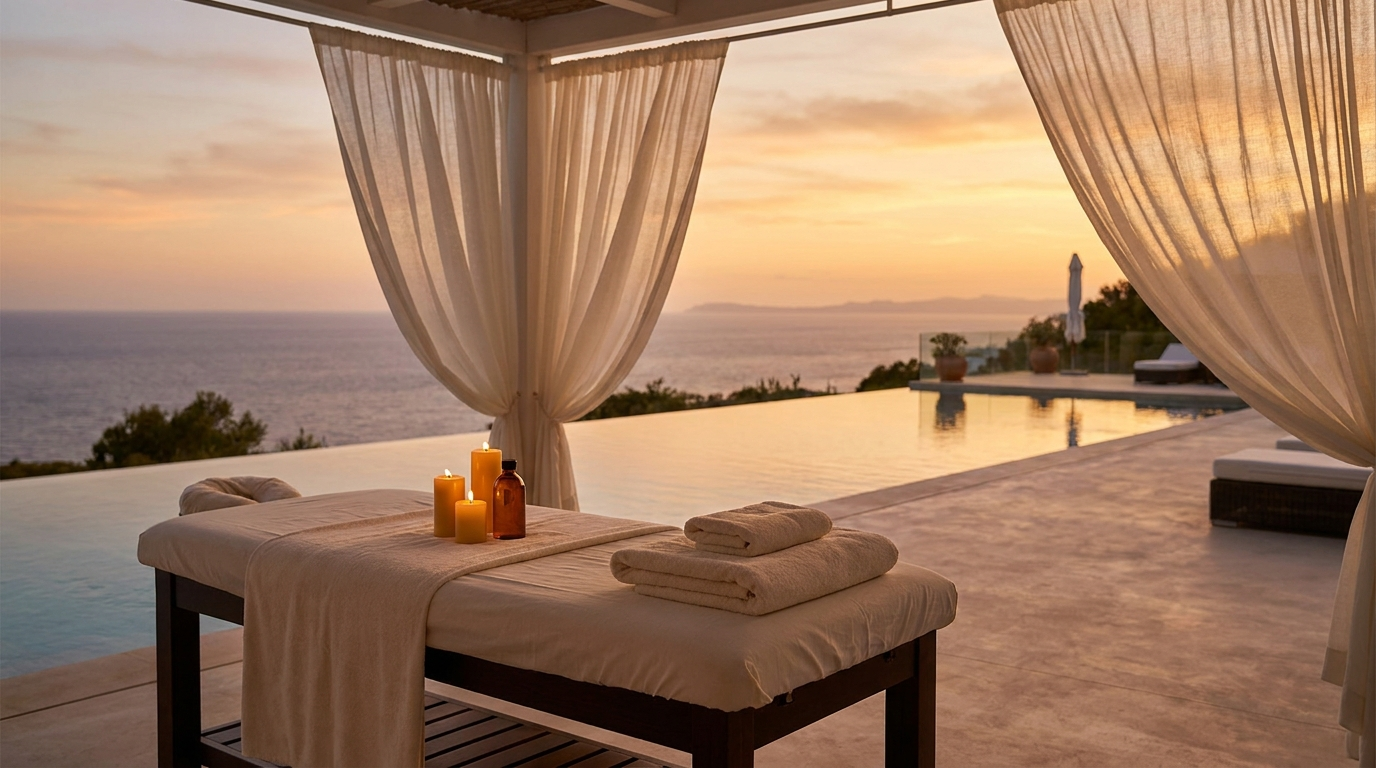Terraza de villa en Ibiza con masaje a domicilio al atardecer - Trés Jolie