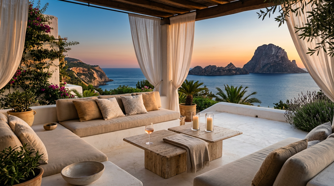 Terraza de una villa de lujo en Es Cubells Ibiza al atardecer