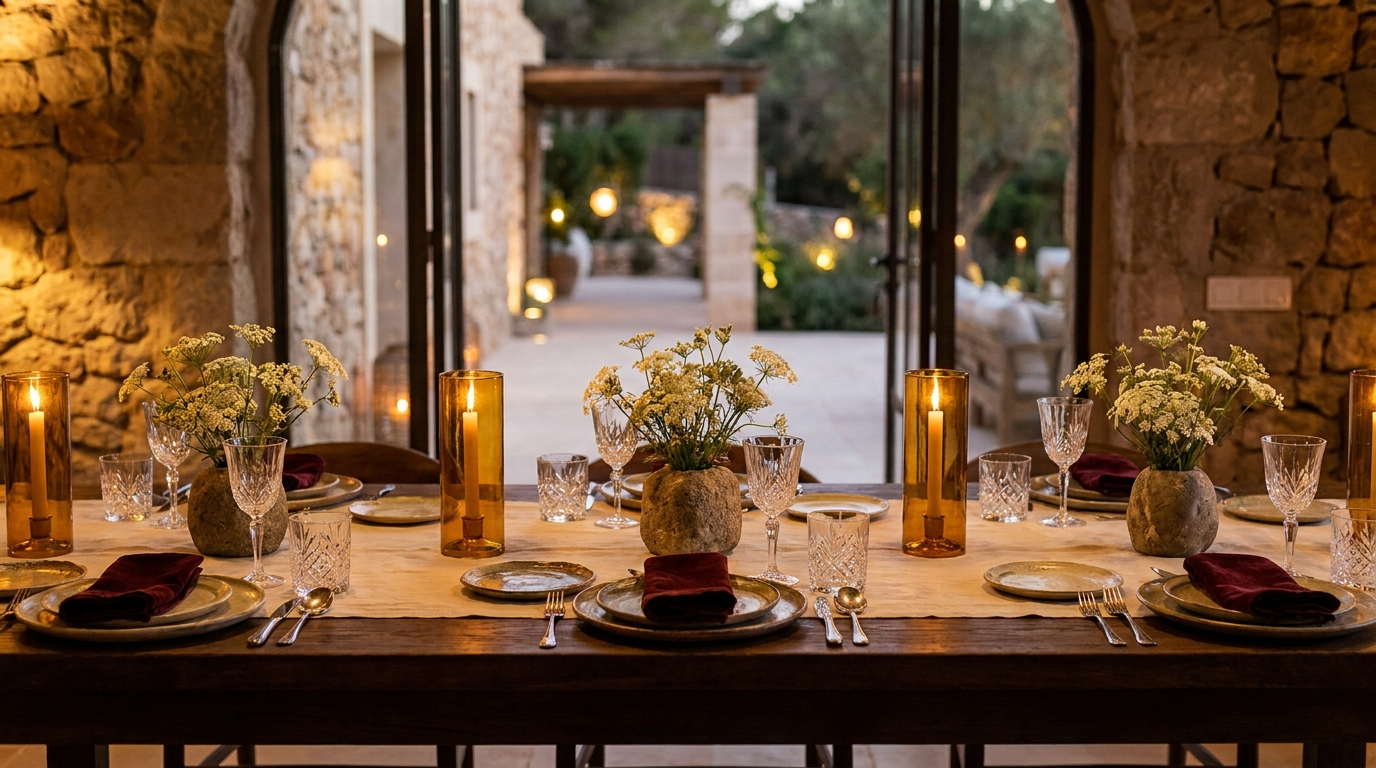 Mesa preparada para cena privada en villa de Ibiza